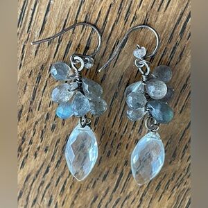 Faceted crystal and labradorite stones and sterling silver. 2 1/4” in length.